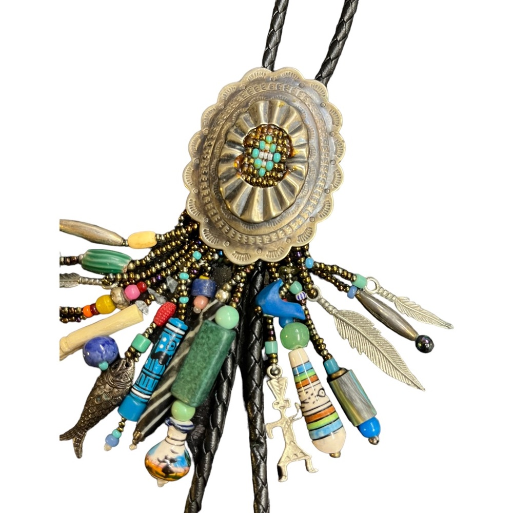 Vintage Leather Bolo Tie Southwestern Beads Gemstone Beads Multi-strand - Picture 3 of 16